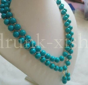 36" Classic Real Natural 10mm Turquoise Necklace Earrings Set 14k Gold P - Picture 1 of 6