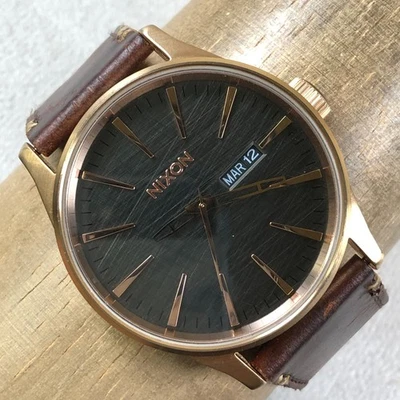 Nixon Sentry Men Formal Day Date Brown Leather Quartz Analog 42mm Watch 7 3/4" - Image 1 of 4