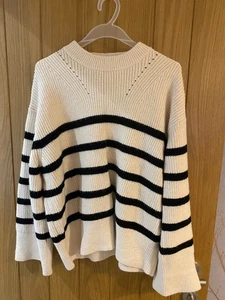 ZARA Women's Striped Knit Sweater Black & Cream SZ Small Super Soft Oversized - Picture 1 of 13