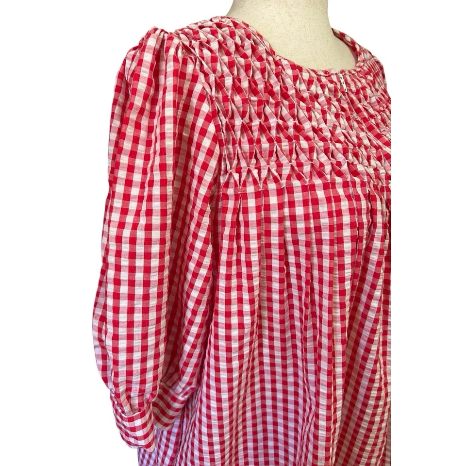 Saybury Red Gingham Puff Sleeve Seersucker Muu Muu Housecoat Smocked Pockets 1X - Image 1 of 4
