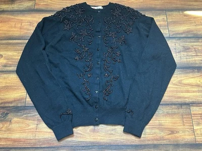 Pringle Scotland 100% Cashmere Beaded Cardigan Black Button Front XS/Small Vtg - Image 1 of 4