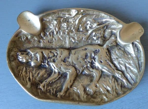 Vintage massiver Messing Aschenbecher Jagdhund Relief ovale Form nicht markiert 5,4" x 3,5" - Bild 1 von 12