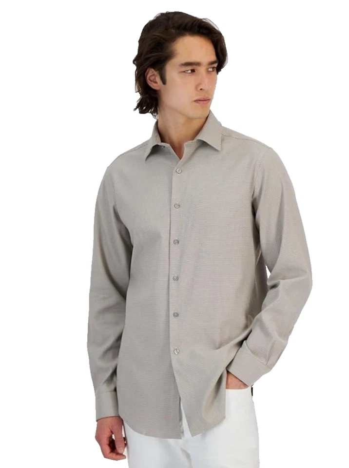 Alfani Mens Slim Fit Dobby Dress Shirt in Tan Color XL