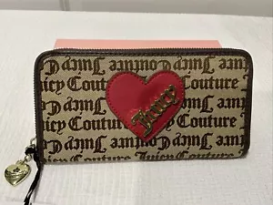 Womens Juicy Couture Cross My Heart Zip Around Wallet Clutch Beige/Red!! - Picture 1 of 11