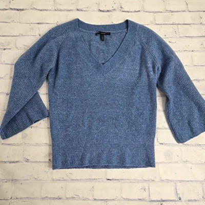 White House Black Market Wool Blend Sweater Womens Large V Neck Ribbed Blue Soft - Image 1 of 4