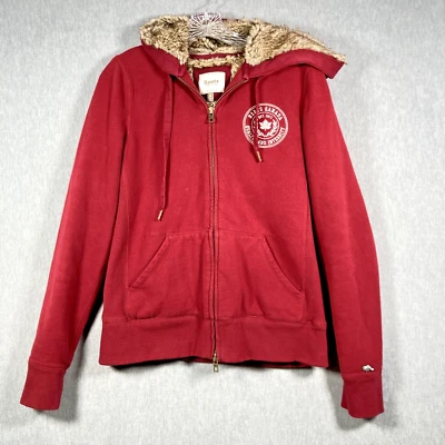 ROOTS CANADA Fur Lined Hoodie Womens L Red Full Zip Embroidered Heavyweight - Image 1 of 4