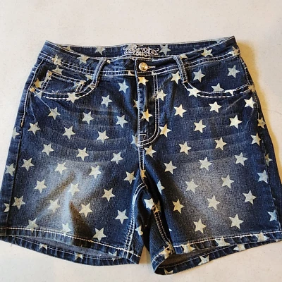 Revolt Shorts Sz 8 Blue Stretch Denim Thick Stitch Jewel Stud White Star Print - Image 1 of 4