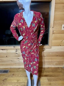Lauren Ralph Lauren Wrap Dress Womens 8 Red Paisley Black Label Evening Wear! - Picture 1 of 5