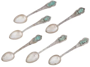⭕️6 Fine 19th Century Chinese Export Silver Turquoise Tea Spoons - Picture 1 of 5