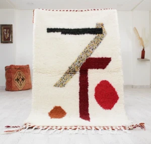 Handgeknüpfter Teppich 3'x5' Marokkanische Berber Weiß Rot Teppich Wohnzimmer Weiche Wolle Vorleger - Bild 1 von 12