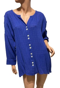 Soft Surroundings Plus Size 1X Button Down Shirt Royal Blue Long Sleeve Linen - Picture 1 of 24