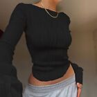 Women Sexy Slim Crop Shirt Long Sleeve Crewneck Fitted T-Shirts Knit Cropped