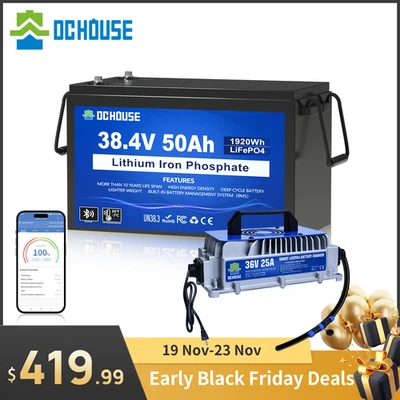 36V 50AH Lithium Golf Carts Lifepo4 Battery with 36V 25A Charger Bluetooth RV - Image 1 of 4