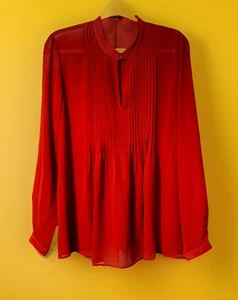 DAISY FUENTES Long Sleeve RED-ORANGE Chiffon Sheer Keyhole Neck Top Blouse LARGE - Picture 1 of 15