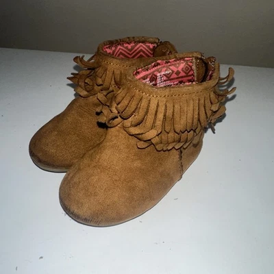  Minnetonka Infant Side Zip Double Fringe Boots Brown Toddler Size 4 - Image 1 of 4