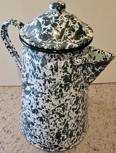 Vintage grün und weiß marmoriert Wirbel Metall Emaillegeschirr Emaille Kaffee Tee Kanne Deckel - Bild 1 von 10