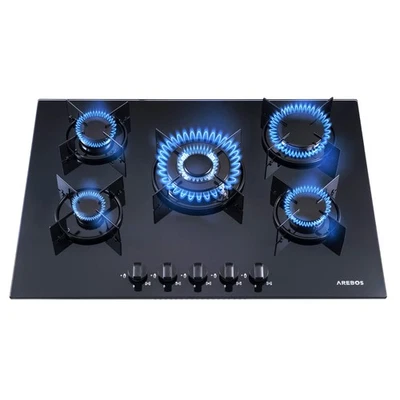 AREBOS Gaskochfeld 5 Flammen Gasherd Glasoberfläche Einbauherd Erdgas Propangas
