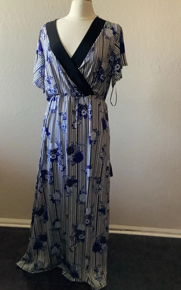 NY коллекции синий черный белый в полоску V шеи макси платье размер 1XP - Изображение 1 из 3