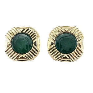 14K Yellow Gold and Carved Soldier Green Onyx Omega Back Earrings #20023 - Picture 1 of 7