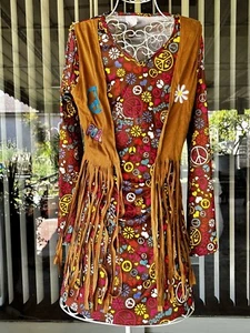 Peace  Love Hippie flower Power Adult Costume Fringed Vest Polyester M/L daisies - Picture 1 of 15