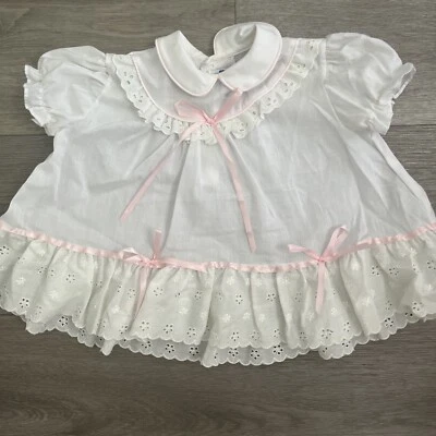 Vintage Baby Girl Haddad Dress White Eyelet Pink Ribbon 3-6 Mo. USA - Image 1 of 4