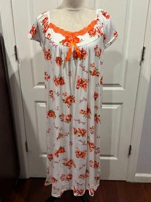 Женщин коротким рукавом белая ночная рубашка оранжевый цветочный спереди кружева 4XL 42»L x 30 «W - Изображение 1 из 4