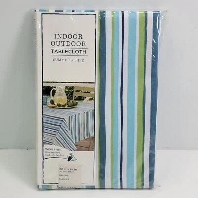 Indoor Outdoor Summer Stripe Oblong Rectangle Blue Green Repellent Tablecloth - Image 1 of 4