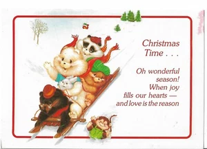 VTG Christmas Greeting Card Front Approx 7 x 5" Animals on a Sled - Picture 1 of 1