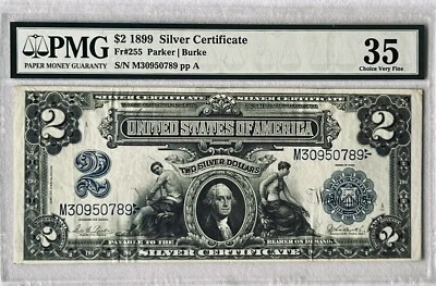 1899 MINI PORTHOLE $2 SILVER CERTIFICATE PMG 35 CHOICE-VF LRG NOTE LEGAL TENDER - Image 1 of 3