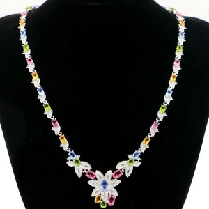 Colorful 28.7g Tourmaline Tanzanite Citrine Peridot Silver Necklace 17.5-18.5in - Picture 1 of 2