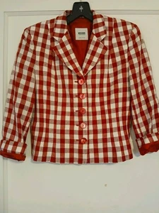 Moschino Cheap and Chic Red White Check Blazer Jacket Flower Power Button Sz - Picture 1 of 6
