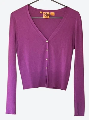Suéter Informal Ligero Tory Burch Pequeño Manga Larga Botón Frontal Púrpura Foto 1 de 4
