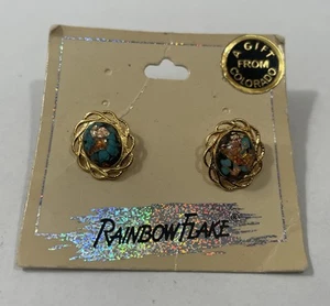 Genuine RainbowFlake with Genuine Turquoise Earring Set 14 Kt Gold Plated - Picture 1 of 2