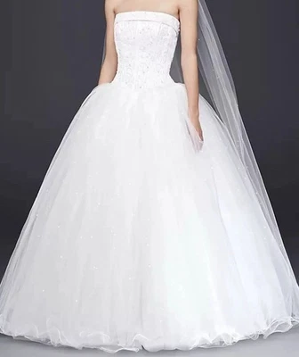 Wedding Dress David’s Bridal White Strapless Tulle Beaded w/ Veil & Crown & Slip - Image 1 of 4