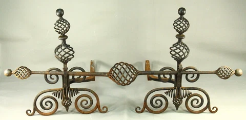 ! Antique 1800's SUPERB Wrought Iron Andirons Pair Fireplace Set - BARNARD'S INN Cover