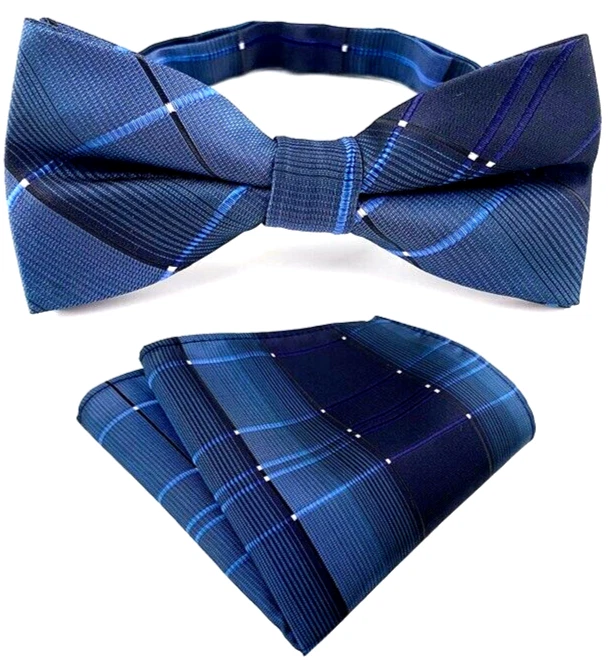 Mens Pre-Tied adjustable Bow Tie Striped White Blue Silk Bowtie Hanky Party - image 1 of 1