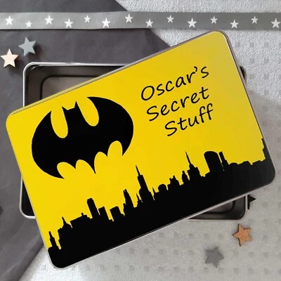 Personalised Batman Tin, Super hero Treat tin, cards Tin, Birthday Boy Gift - Image 1 of 3
