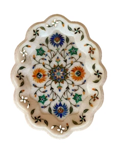 Vintage Pietra Dura Alabaster White Marble Gem Stone Inlaid Plate Floral Design - Picture 1 of 12