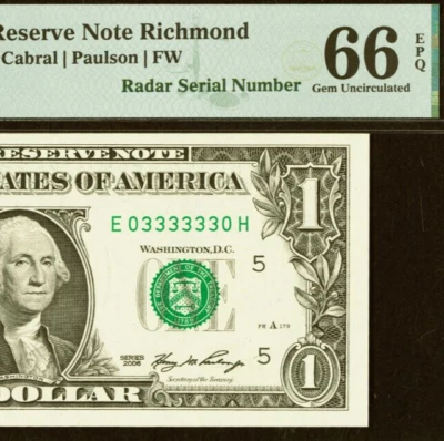 2006 $1 Federal Reserve Note PMG Gem 66EPQ - Fancy Radar Serial Number 03333330 - Image 1 of 3
