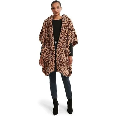Steve Madden NWT Sherpa Hooded Open Front Poncho Leopard Print One Size New - Image 1 of 4