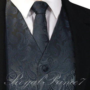 CHARCOAL XS to 6XL Paisley Tuxedo Suit Dress Vest Waistcoat & Neck tie wedding - Picture 1 of 4