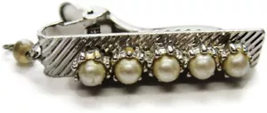 1 1/2" Neck Tie Clip Diagonal Striped Imitation Pearls Vintage Silver Tone - Picture 1 of 6