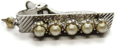 1 1/2" Neck Tie Clip Diagonal Striped Imitation Pearls Vintage Silver Tone - Image 1 of 4