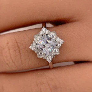 Art Deco Princess Engagement Ring Square Antique Cluster Moissanite Wedding Ring - Picture 1 of 10