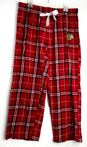 Womens Chicago Blackhawks Cute Red Plaid Embroidered Pajama flannel Pants Sz L Cover