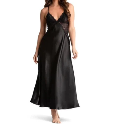 NWT In Bloom by Jonquil SOLID BLACK Lace/Satin 50" Long Gown Nightgown L LOVELY - Image 1 of 4