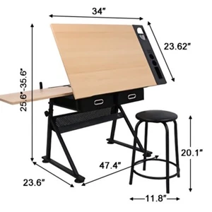 Adjustable Drafting Drawing Table Craft Tiltable Tabletop with 2 Drawers - Picture 1 of 9