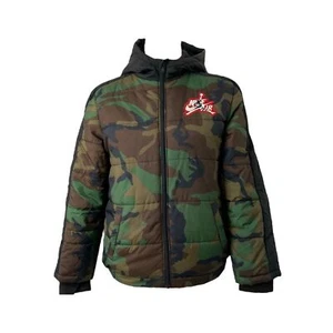 Boy’s Large Puffer Jacket Jordan Green Camouflage Hooded Pockets Full Zip - Picture 1 of 13