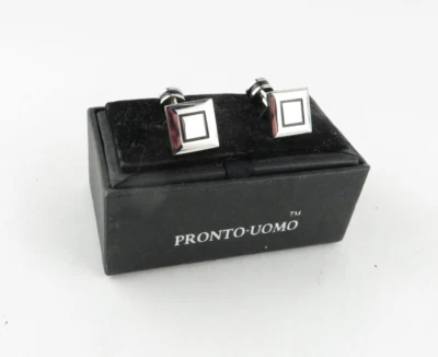 Gemelos Pronto-Uomo Cuadrados Tono Plateado con Incrustación Negra - Caja Original - Usados en Excelente Condición Foto 1 de 4