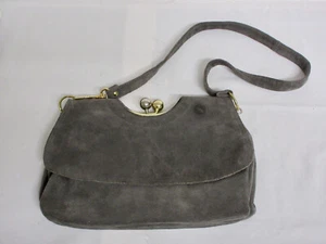 Bolso de Mano Vintage RUTH SALTZ Gris Paloma GAMUZA Rojo Satén Revestimiento Cartera Bolso de Hombro - Imagen 1 de 11